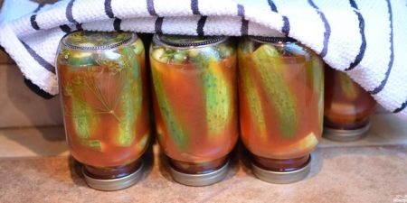 краставици в домат с лук и чесън