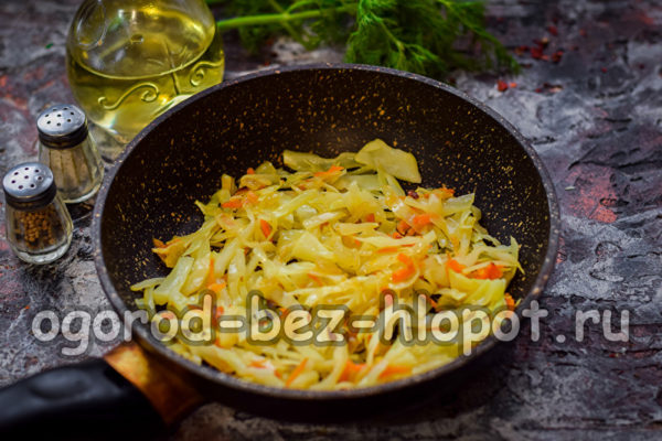 freír cebollas, zanahorias y repollo