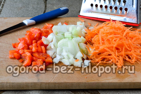 rallar zanahorias, picar cebolla y pimiento