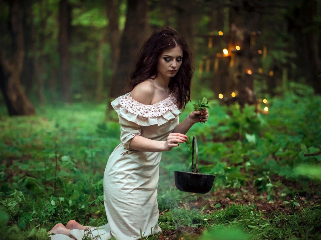 The witch collects herbs in the forest