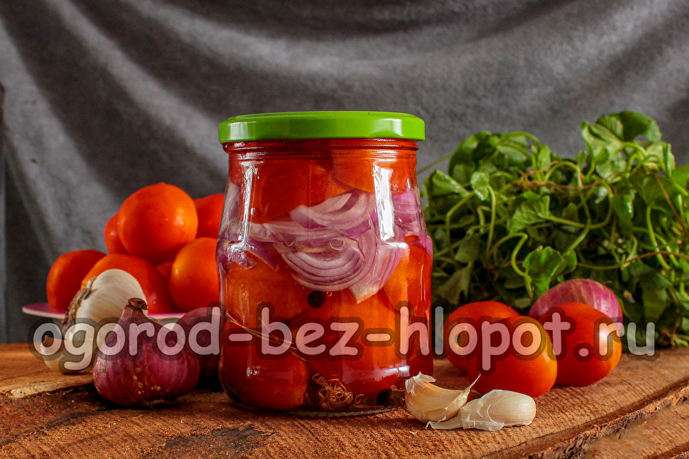 salade van tomaten en uien voor de winter in lagen